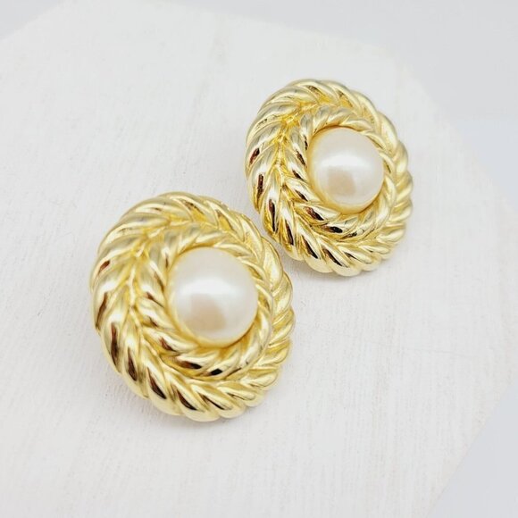 Vintage Givenchy Faux Pearl Button Earrings Post Back Polished Gold Tone Couture - Picture 2 of 6